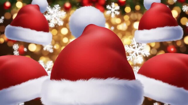Festive red santa hats against a bokeh background abstract holiday imagery