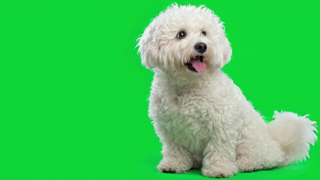Happy bichon frise dog sitting with mouth open against bright green screen background