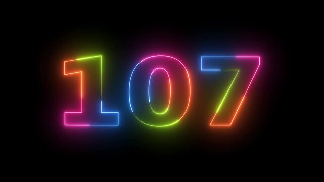 One hundred seven numbers neon light motion