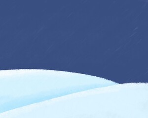 Snowy hills winter landscape background with dark blue sky and snowfall. Suitable for holiday designs, winter themed printables, greeting cards, wallpapers, packaging, and children&rsquo;s illustration.