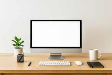 Modern minimal workspace featuring a desktop computer with a blank white screen, wireless keyboard and mouse, notebook, pen, mug, small green plant on a clean wooden desk, ideal for office branding