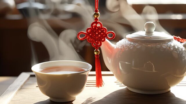 Pouring Hot Tea From Teapot Into Cup in Bright Daylight Setting