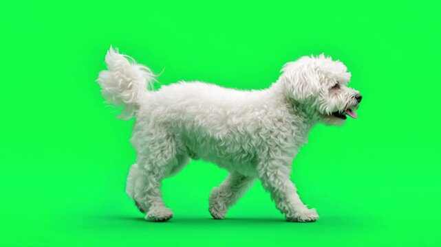 White bichon frise or maltese dog walking on a bright green screen background, side view, full body shot, chroma key