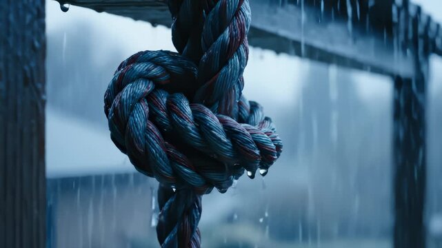 Close Up of Wet Rope With Water Droplets in the Rain Outdoors