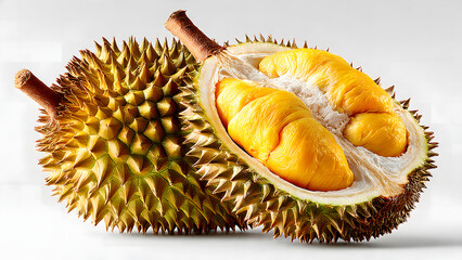 Fototapeta premium Two Exotic Durians, One Whole and One Expertly Halved, Revealing the Spiky Greenish-Yellow Exterior and the Luscious, Creamy Golden Pulp Inside, a True Tropical Delicacy