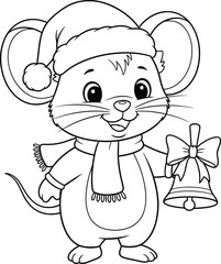 Cute Christmas Mouse Holding Bell – Adorable Holiday Animal Line Art Illustration with Santa Hat and Scarf, Perfect for Kids Coloring Pages and Festive Artwork
