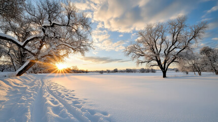 Snowy sunrise landscape with frosted trees and soft light across open field