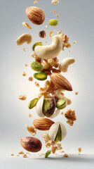 Mixed Nuts and Green Raisins Falling on Clean White Background