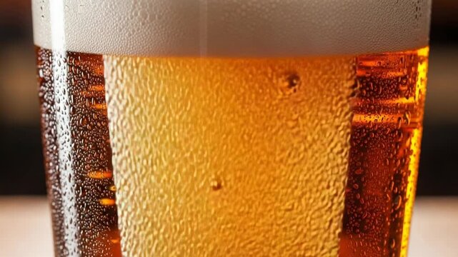 Close Up of Golden Amber Ale Bubbles Rising in a Frothy White Headed Glass With Condensation Droplets