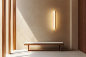 Minimalist Interior Design Featuring Wooden Bench and Vertical Wall Light in Neutral Tones