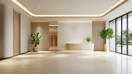 Fototapeta premium Modern minimalist reception area with warm lighting and potted plants creating calm upscale mood