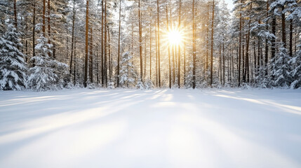 Fototapeta premium Snowy forest sunburst morning pine tree shadow winter landscape calm
