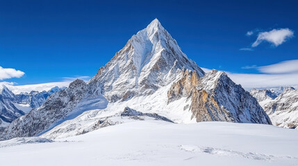 Snowy mountain peak under clear blue sky with crisp light and calm mood