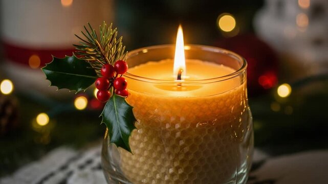 Glowing Honeycomb Candle with Festive Holly and Red Berries Illuminated by Warm Bokeh Lights