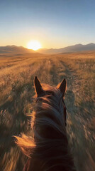 Galloping Horse Riding into Breaking Dawn Across Vast Central Steppe