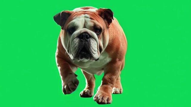 Bulldog walking towards camera on green screen background
