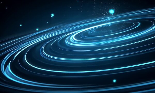 Abstract swirling blue light trails create a vortex effect against a dark background with subtle speckles of light