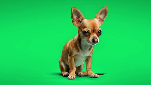 Cute chihuahua sitting on green background looking up curiously