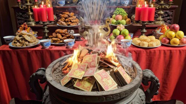 Burning Joss Paper Money in a Cauldron for Traditional Chinese Ritual