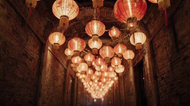 Tunnel Lined With Many Ornate Red And Orange Paper Lanterns Creating A Warm Inviting Glow Down A Narrow Path