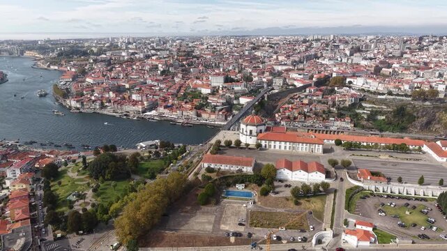 Drone Shot of Porto Portugal, Serra dp Pilar Monastery, Luis I Bridge and Cityscape Skyline