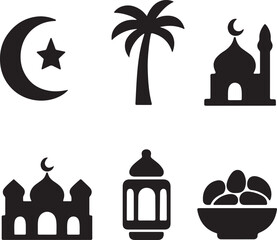 Islamic culture and ramadan taditions icon set crescent moon, mosque, lantern palm tree, dates, vector illustration