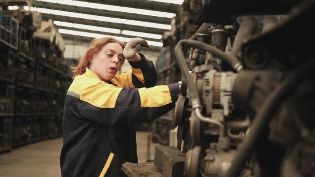Professional Hispanic mature female mechanic fixing used machines and auto engine spare parts in warehouse stacks, checking distribution stock in manufacturing factory, and industrial worker career.