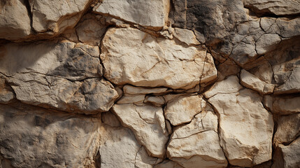 Fototapeta premium Rough stone wall close up featuring natural cracks uneven surfaces and organic patterns in realistic outdoor clarity