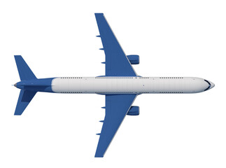Top-down view of an airplane in flight, showcasing its wings, fuselage, and tail, 3d render.