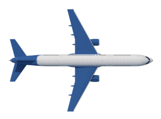 Top-down view of an airplane in flight, showcasing its wings, fuselage, and tail, 3d render.