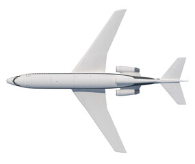 white airplane 3d render top view isolated, soaring through the sky on transparent background. 
