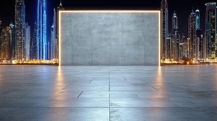 Concrete display panel framed by neon lights overlooking illuminated city skyline at night