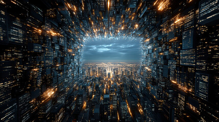 Futuristic city tunnel skyline night glowing lights dramatic perspective