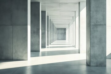 Obraz premium Spacious Concrete Hallway With Tall Pillars and Soft Natural Light Streaming Through
