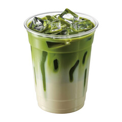 Iced matcha latte in clear plastic cup isolated on a transparent background green