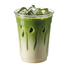 Iced matcha latte in a clear plastic cup isolated on a transparent background green