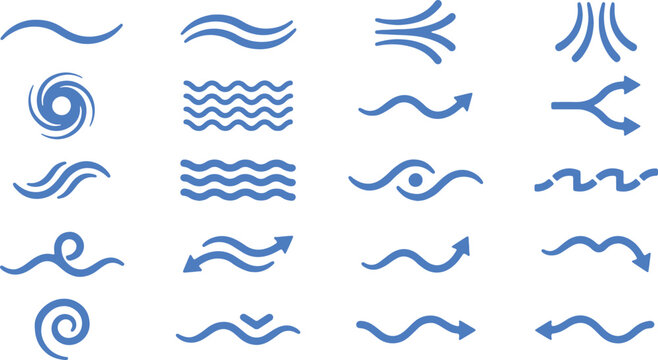 Vector wind lines icons, air flow icons, motion lines, set with wave arrows spiral flow split lines motion symbols