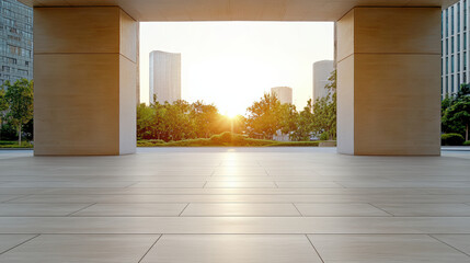Naklejka premium Modern open building entrance with smooth tile floor and warm sunset light