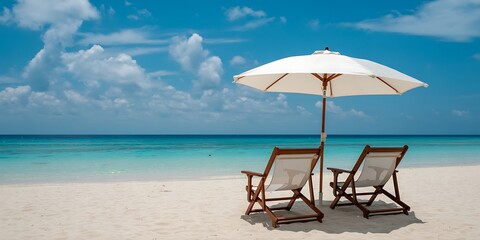Obraz premium Relaxing paradise: empty lounge chairs and umbrella on a beautiful tropical beach