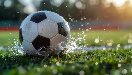 Soccer ball splashing in water on a green grass field during a sunny day, with bokeh lights in the foreground and background.