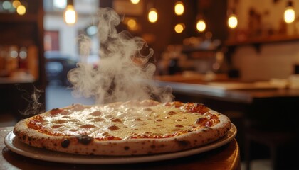 Steaming hot Margherita pizza fresh from the oven, served in a cozy restaurant with warm lighting.