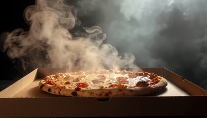 Steaming hot pizza in a delivery box with smoke rising, ready to be enjoyed.