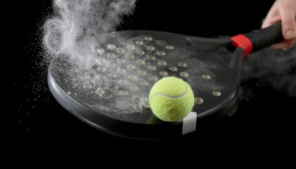 Tennis ball on a paddle with smoke and water droplets, captured in a dynamic studio shot against a dark background.