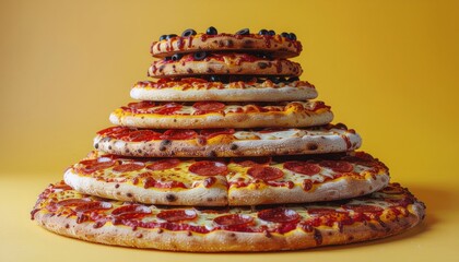 A towering stack of delicious pizzas, each one smaller than the last, creating a pyramid of cheesy goodness against a vibrant yellow background, ready to be enjoyed by friends and family at a party o.