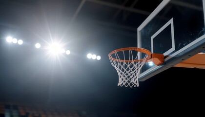 Basketball Hoop and Backboard on a Court with Bright Stadium Lights.