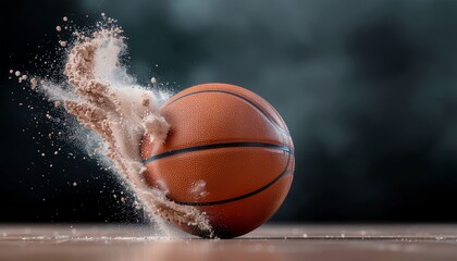 Basketball bouncing on a court with dust particles exploding around it, showcasing dynamic motion and energy in sports.