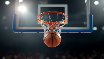 Basketball in Hoop on Court with Bright Lights.