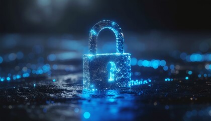 Digital padlock glowing blue on a dark background representing cybersecurity and data protection.