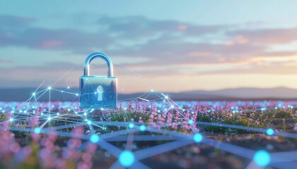 Digital Security Network with Padlock Over Cityscape at Sunset.
