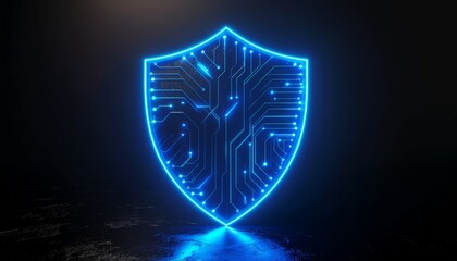 Digital Shield with Circuit Board Pattern Illuminating in Blue Light.